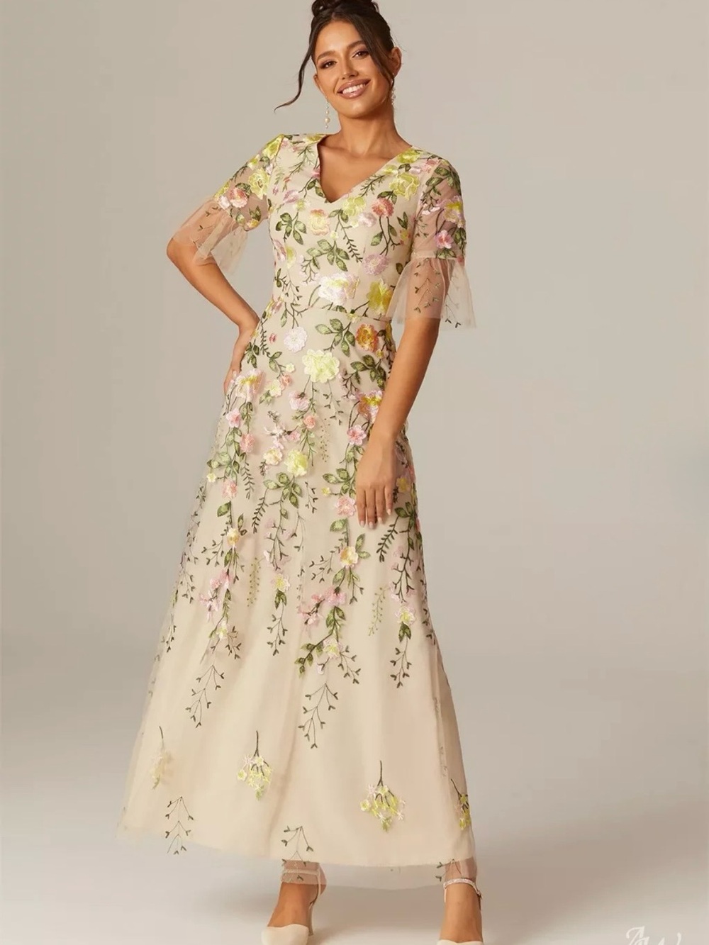 Floral Embroidered Cream A-Line Dress- AW Bridal Carole